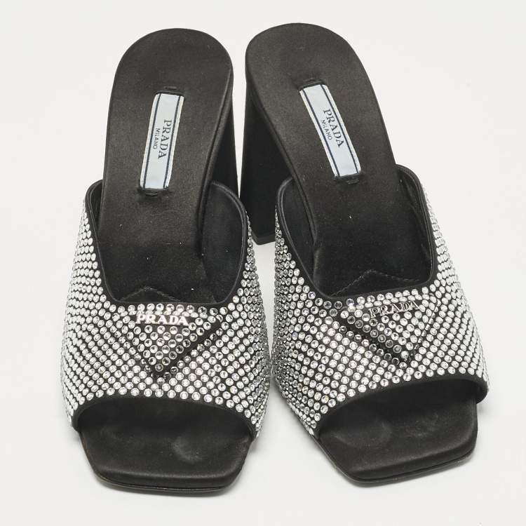 Pre Owned Prada Black Satin Crystal Embellished Logo Slide Sandals Size 37