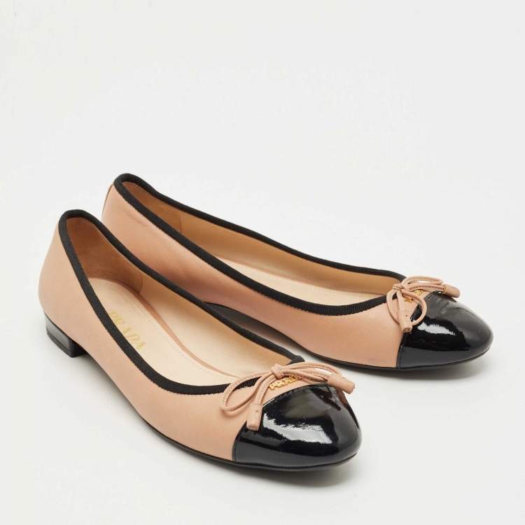 Pre Owned Prada Beige Leather and Patent Leather Cap Toe Ballet Flats Size 37.5