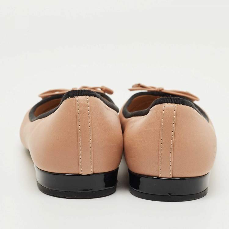 Pre Owned Prada Beige Leather and Patent Leather Cap Toe Ballet Flats Size 37.5
