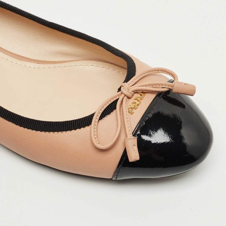 Pre Owned Prada Beige Leather and Patent Leather Cap Toe Ballet Flats Size 37.5