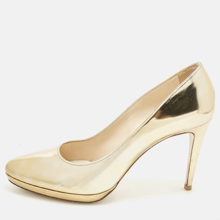 Pre Owned Prada Gold  Leather Pointed Toe Pumps Size 42