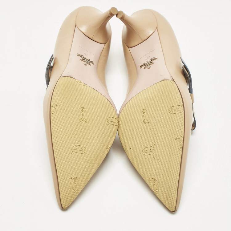 Pre Owned Prada Beige Leather Pointed Toe Mary Jane Bow Pumps Size 38