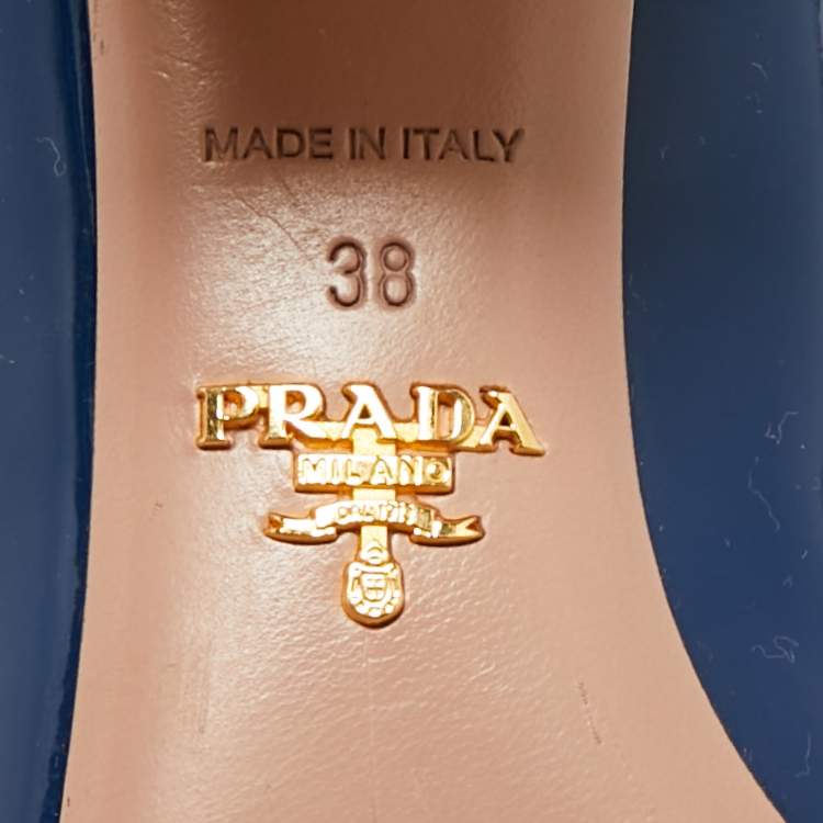Pre Owned Prada Navy Blue Patent Leather Buckle Block Heel Pumps Size 38