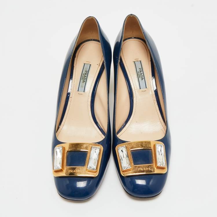 Pre Owned Prada Navy Blue Patent Leather Buckle Block Heel Pumps Size 38