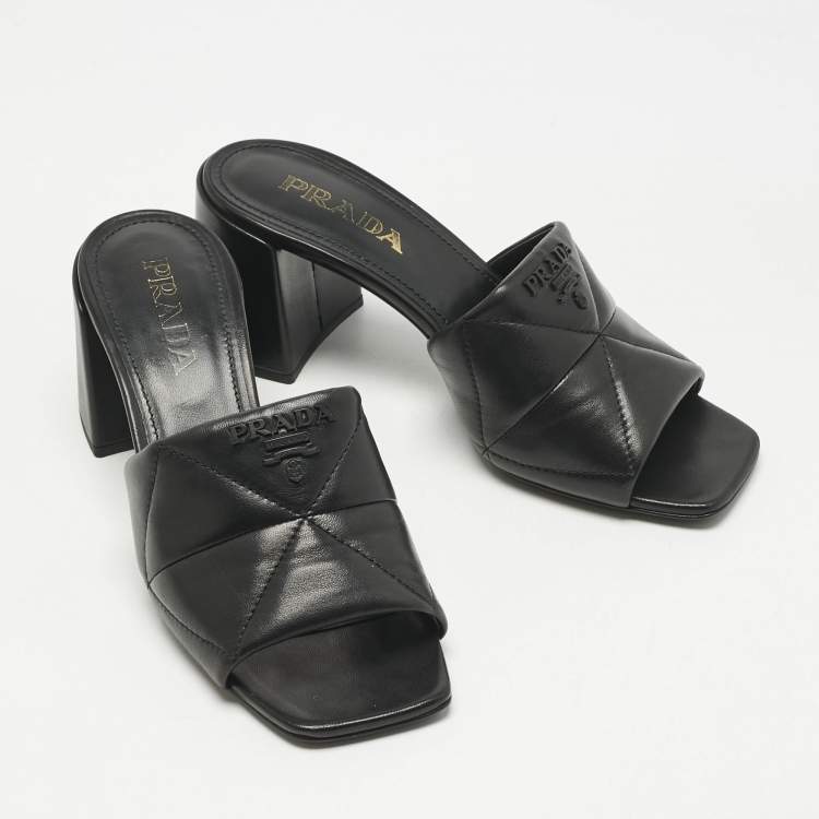 Pre Owned Prada Black Quilted Leather Block-Heel Slide Sandals Size 37