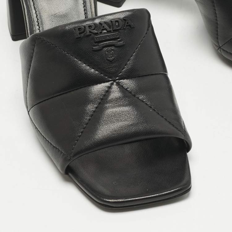 Pre Owned Prada Black Quilted Leather Block-Heel Slide Sandals Size 37