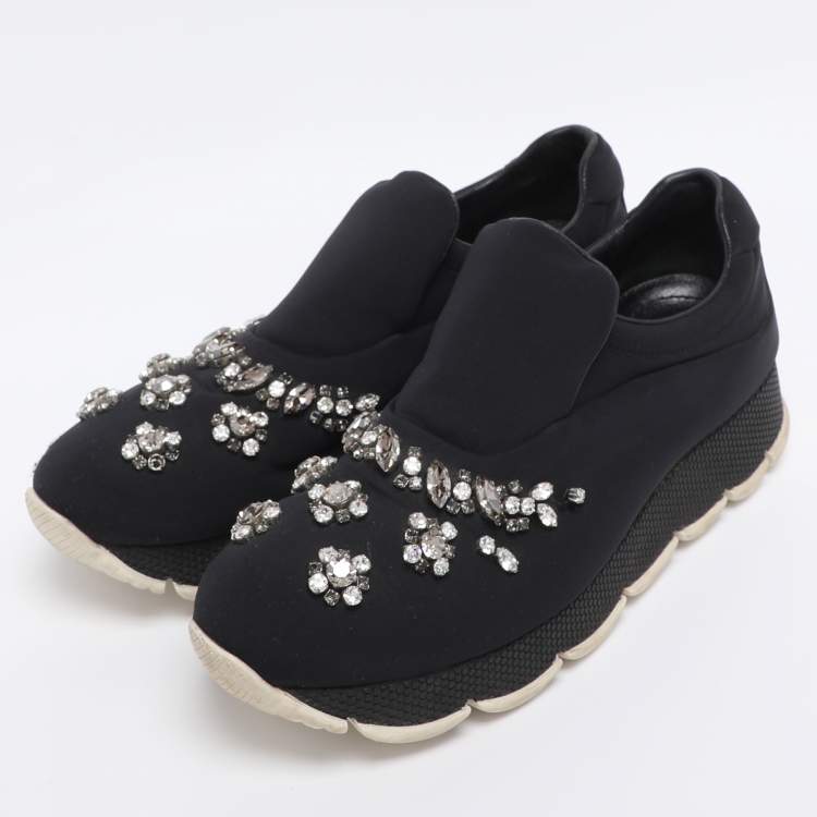 Pre Owned Prada Navy Blue Neoprene Crystal Embellished Slip On Sneakers Size 37.5