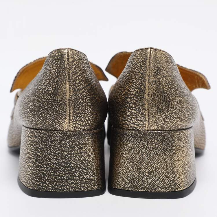 Pre Owned Prada Gold Metalic Leather Fringe Chain Detail Moccasins Size 38