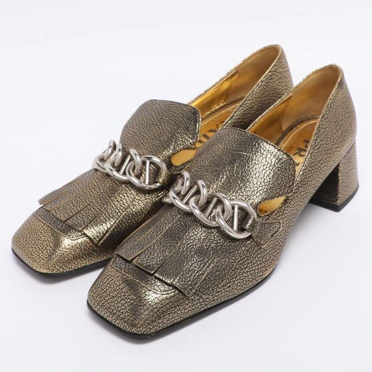 Pre Owned Prada Gold Metalic Leather Fringe Chain Detail Moccasins Size 38