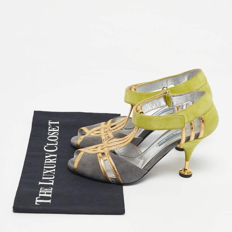 Pre Owned Prada Green/Grey Suede and Leather T Strap Pumps Size 37