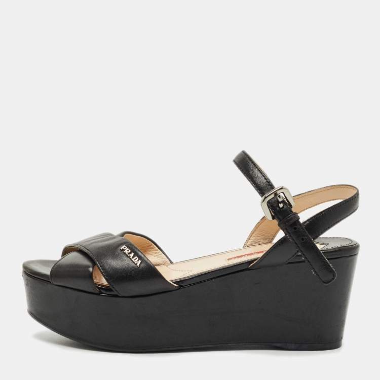 Pre Owned Prada Black Leather Crisscross Wedge Sandals Size 36.5
