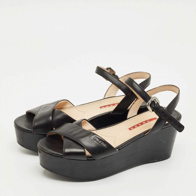 Pre Owned Prada Black Leather Crisscross Wedge Sandals Size 36.5