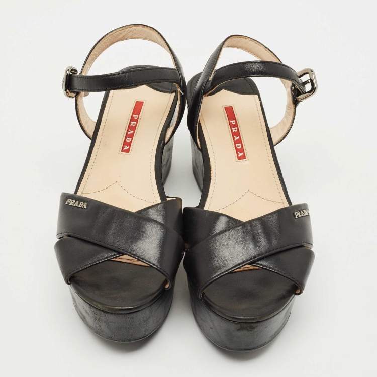 Pre Owned Prada Black Leather Crisscross Wedge Sandals Size 36.5