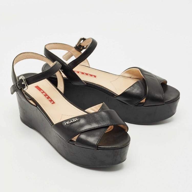 Pre Owned Prada Black Leather Crisscross Wedge Sandals Size 36.5