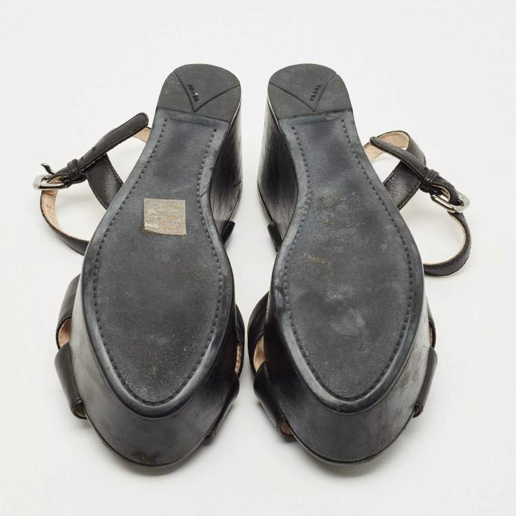 Pre Owned Prada Black Leather Crisscross Wedge Sandals Size 36.5