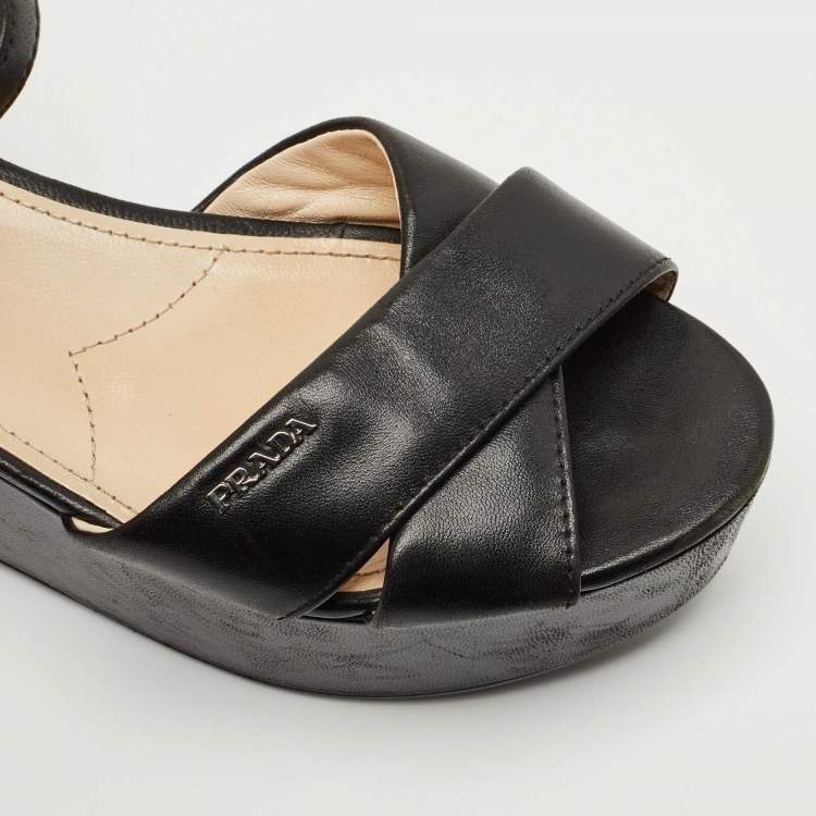 Pre Owned Prada Black Leather Crisscross Wedge Sandals Size 36.5