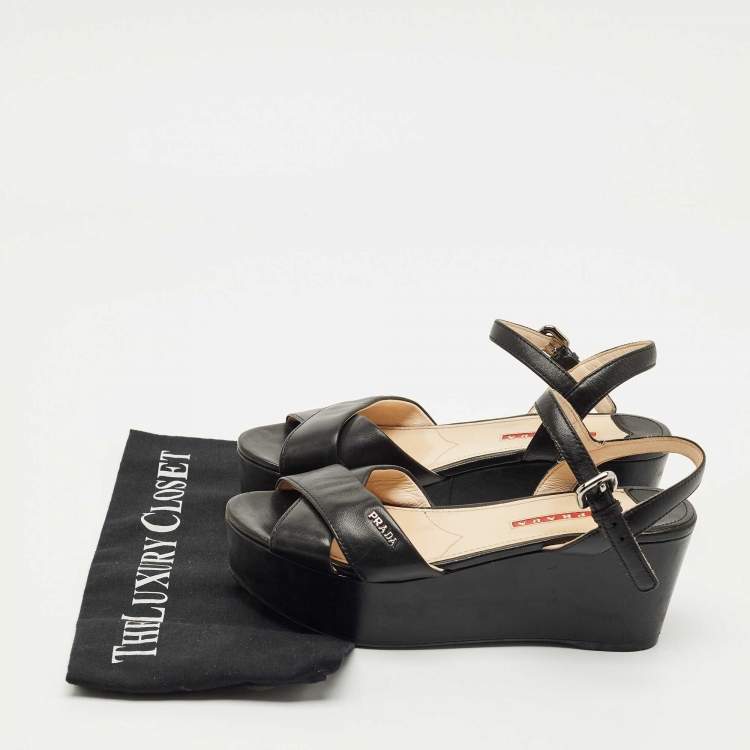 Pre Owned Prada Black Leather Crisscross Wedge Sandals Size 36.5
