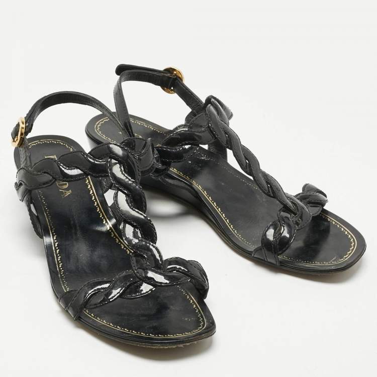 Pre Owned Prada Black Patent Leather Wedge Ankle Strap Sandals Size 37