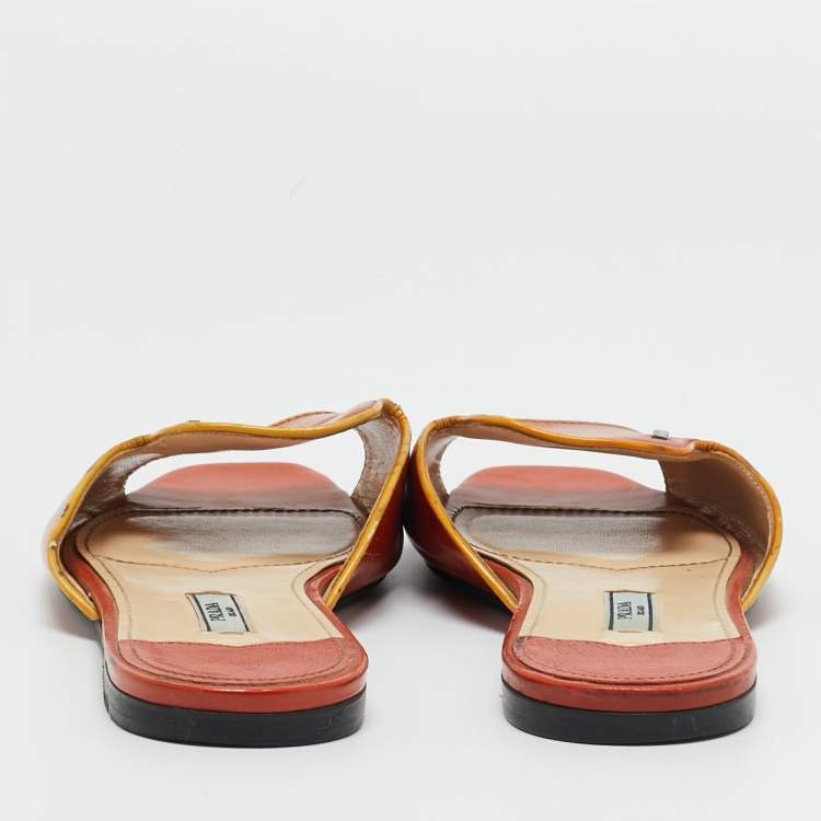 Pre Owned Prada Orange Patent Leather Saffiano Flat Slide Size 37