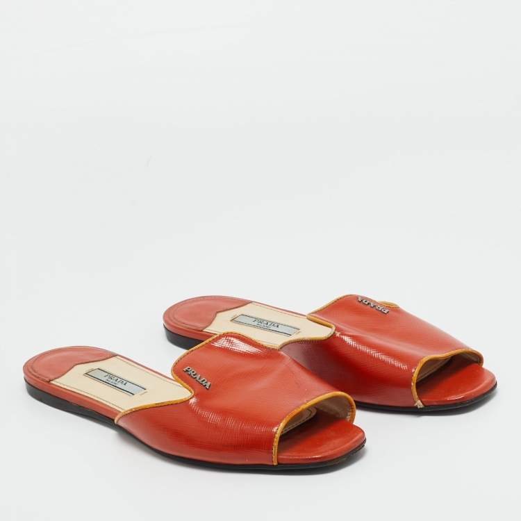 Pre Owned Prada Orange Patent Leather Saffiano Flat Slide Size 37