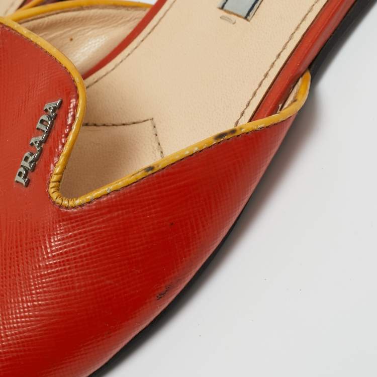 Pre Owned Prada Orange Patent Leather Saffiano Flat Slide Size 37