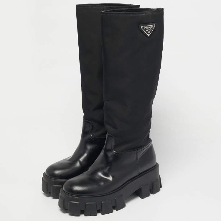 Pre Owned Prada Black Nylon and Patent Leather Monolith Knee Length Boots Size 38