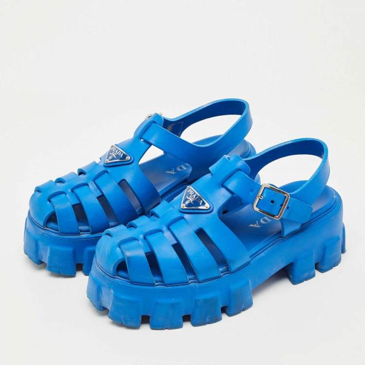 Pre Owned Prada Blue Rubber Monolith Platform Sandals Size 38