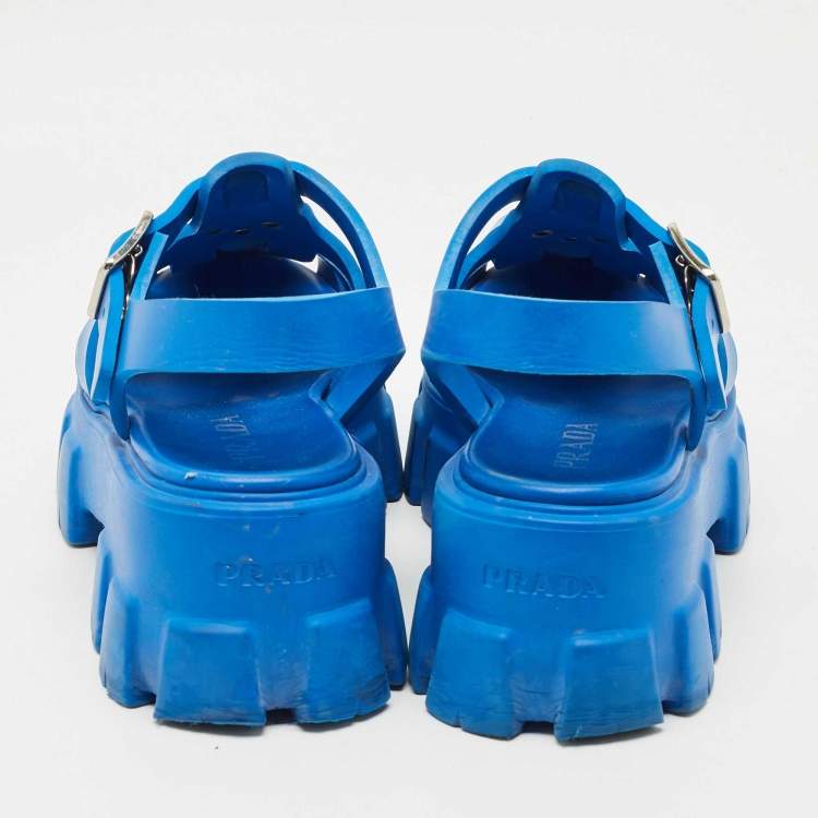 Pre Owned Prada Blue Rubber Monolith Platform Sandals Size 38
