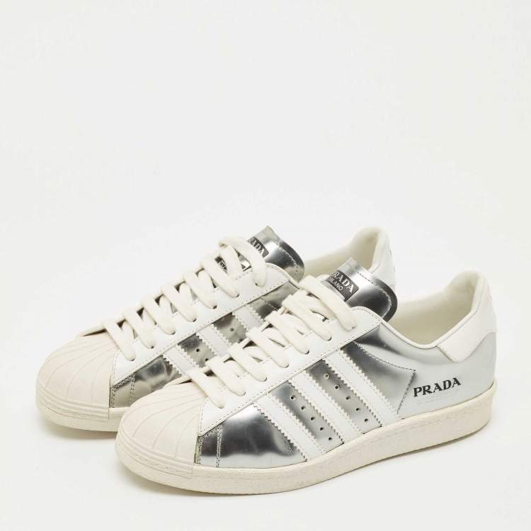Pre Owned Prada X Adidas Silver/White Leather Superstar Lace Up Sneakers Size 39.5