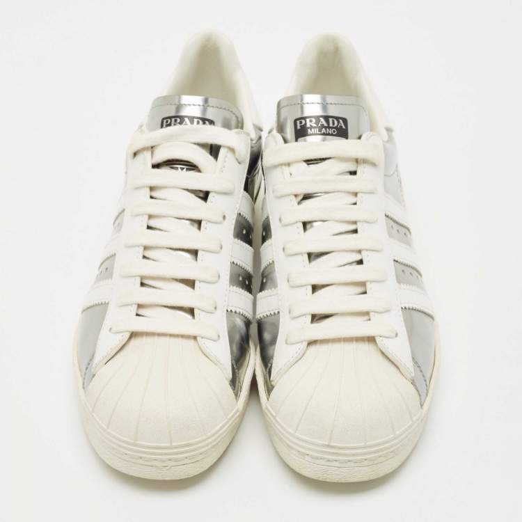 Pre Owned Prada X Adidas Silver/White Leather Superstar Lace Up Sneakers Size 39.5