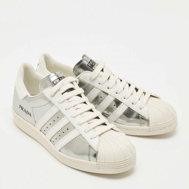Pre Owned Prada X Adidas Silver/White Leather Superstar Lace Up Sneakers Size 39.5