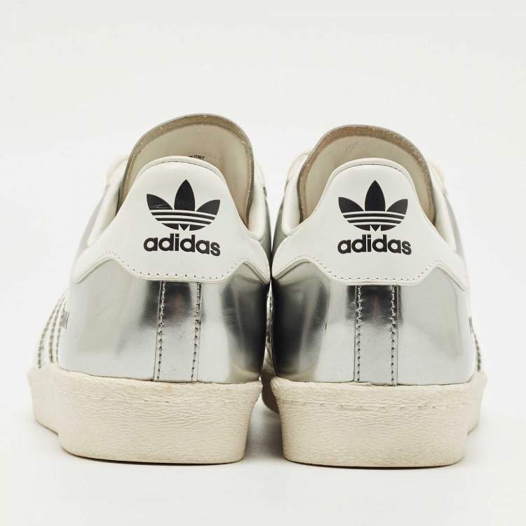 Pre Owned Prada X Adidas Silver/White Leather Superstar Lace Up Sneakers Size 39.5