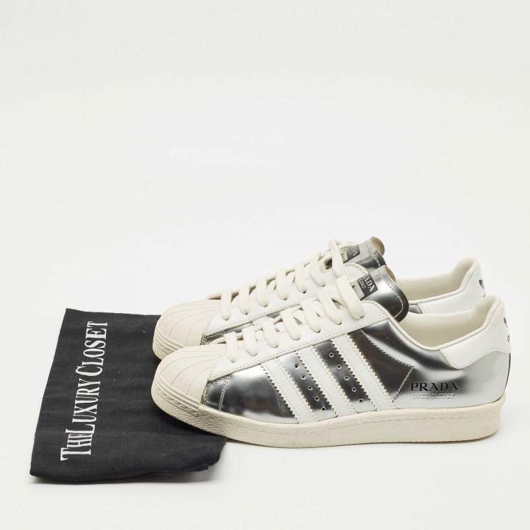 Pre Owned Prada X Adidas Silver/White Leather Superstar Lace Up Sneakers Size 39.5