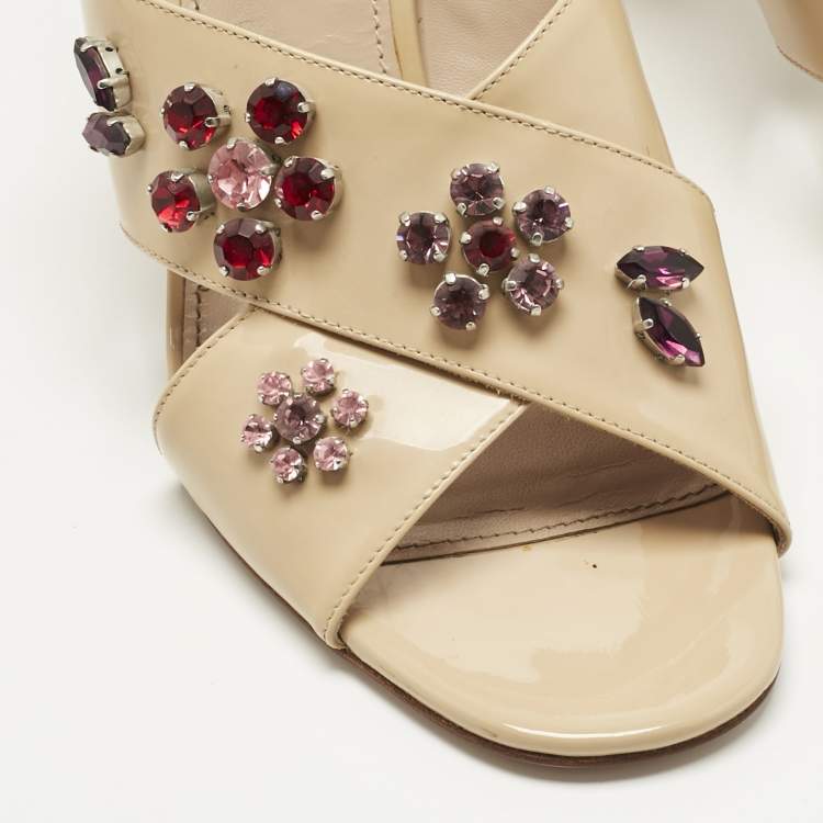 Pre Owned Prada Beige Patent Leather Crisscross Crystals Embellished Slide Sandals Size 41