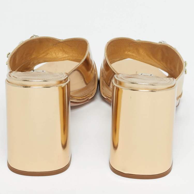 Pre Owned Prada Gold Patent Leather Crisscross Embellished Sandals Size 41