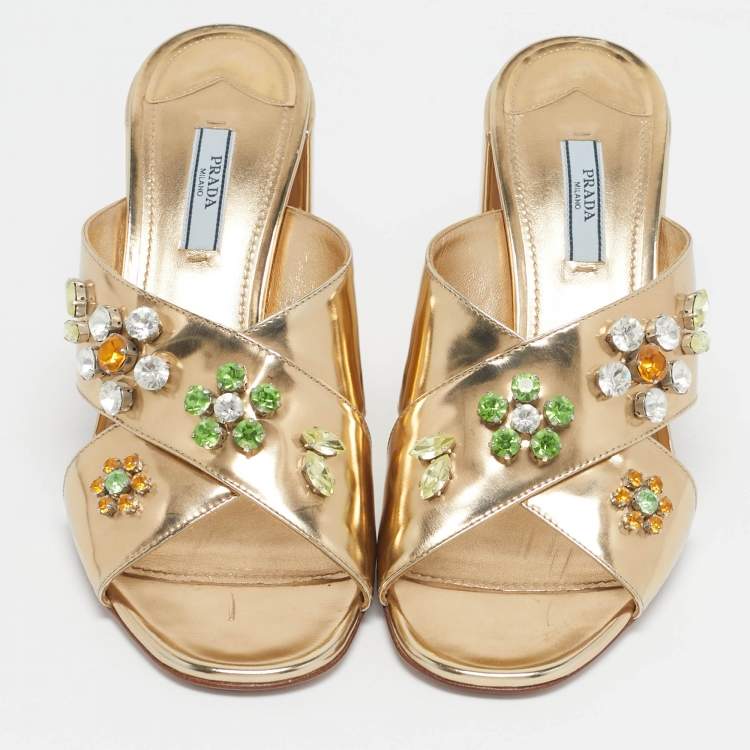 Pre Owned Prada Gold Patent Leather Crisscross Embellished Sandals Size 41