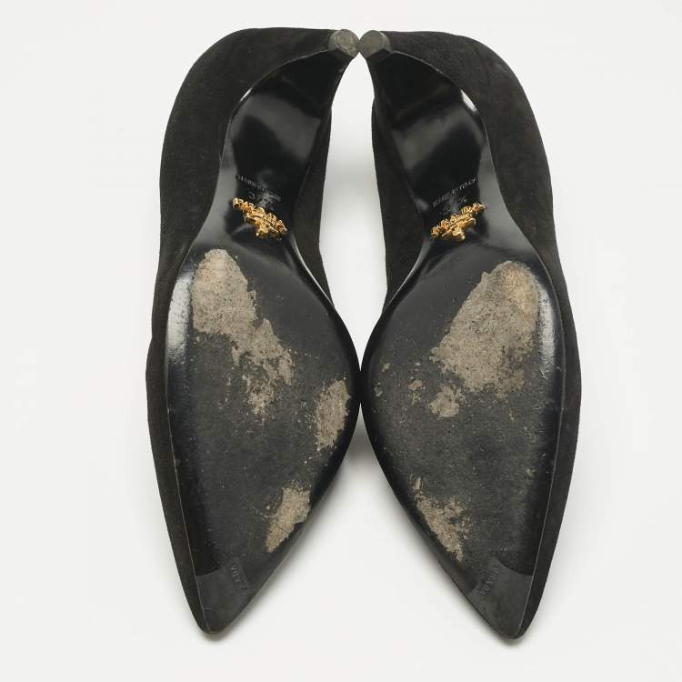 Pre Owned Prada Black Suede Pointed Toe Kitten Heel  Pumps Size 37.5