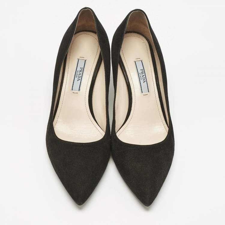 Pre Owned Prada Black Suede Pointed Toe Kitten Heel  Pumps Size 37.5