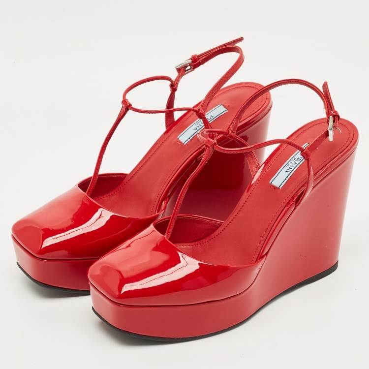 Pre Owned Prada Red Patent Leather T  Strap Wedge Pumps Size 38.5
