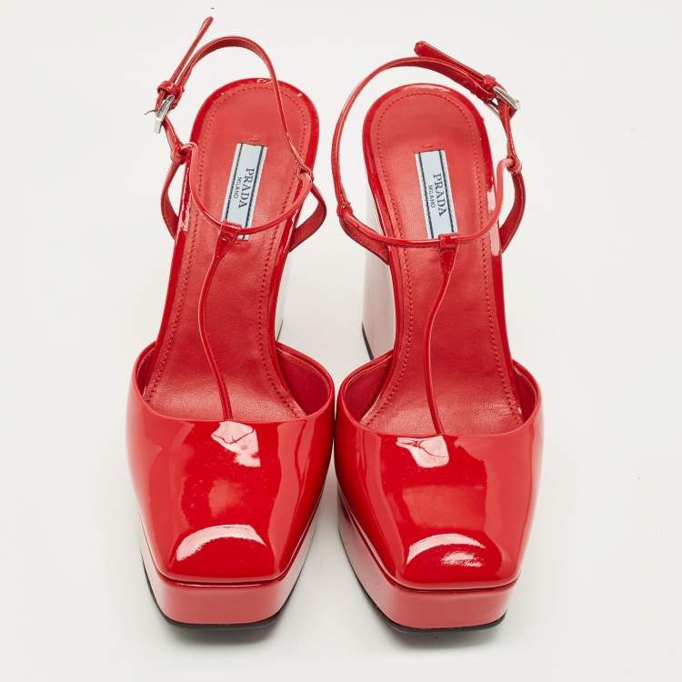 Pre Owned Prada Red Patent Leather T  Strap Wedge Pumps Size 38.5