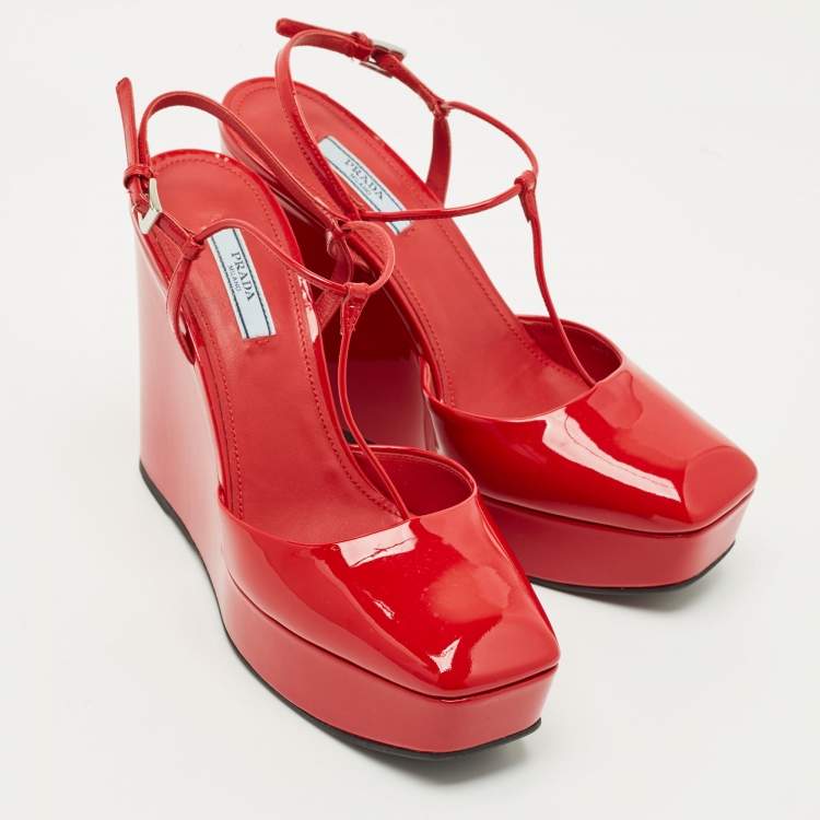 Pre Owned Prada Red Patent Leather T  Strap Wedge Pumps Size 38.5