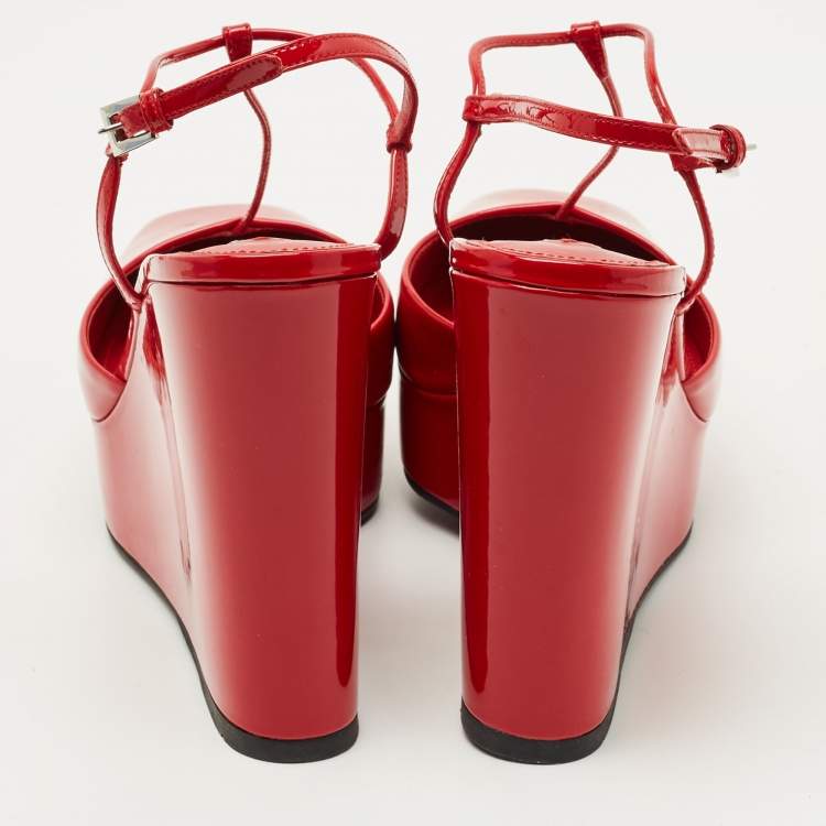 Pre Owned Prada Red Patent Leather T  Strap Wedge Pumps Size 38.5