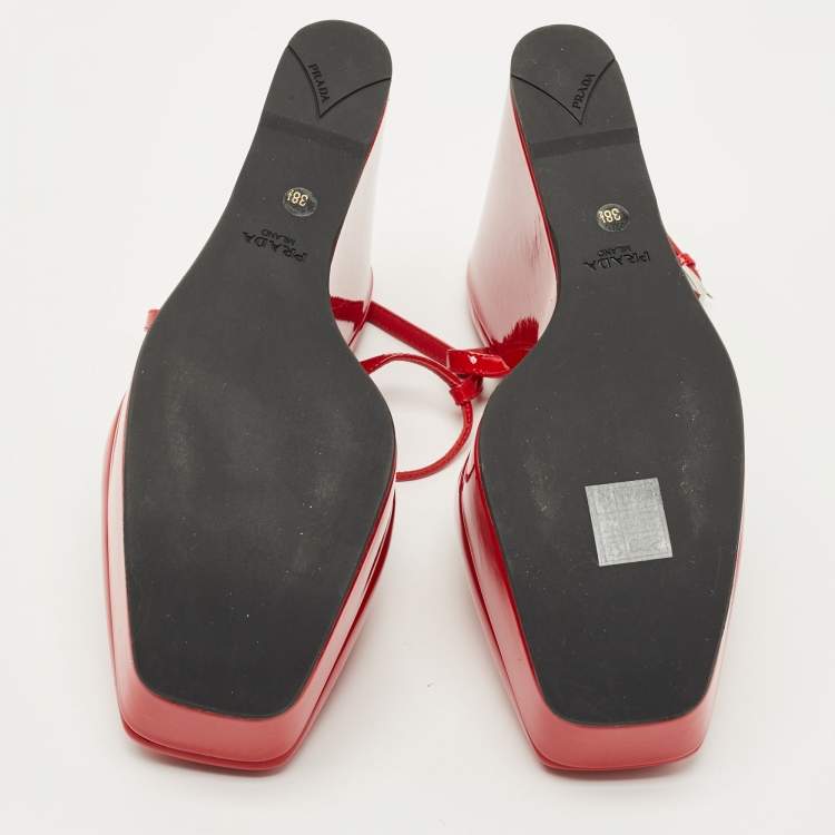 Pre Owned Prada Red Patent Leather T  Strap Wedge Pumps Size 38.5