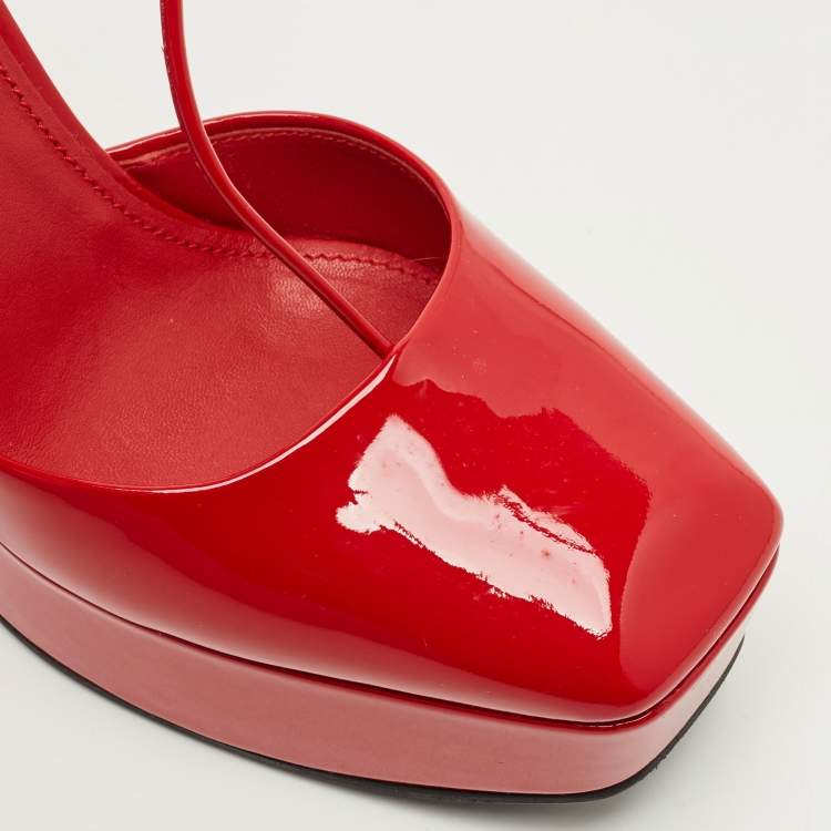 Pre Owned Prada Red Patent Leather T  Strap Wedge Pumps Size 38.5