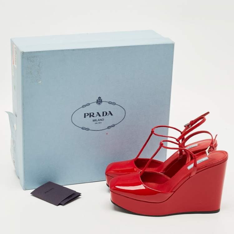 Pre Owned Prada Red Patent Leather T  Strap Wedge Pumps Size 38.5