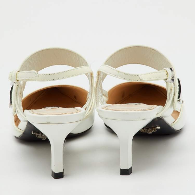 Pre Owned Prada White Leather Logo Pointed Toe Slingback Pumps Size 36