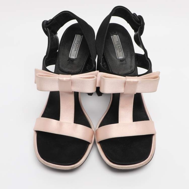 Pre Owned Prada Pink/Black Satin Bow Slingback Sandals Size 38.5
