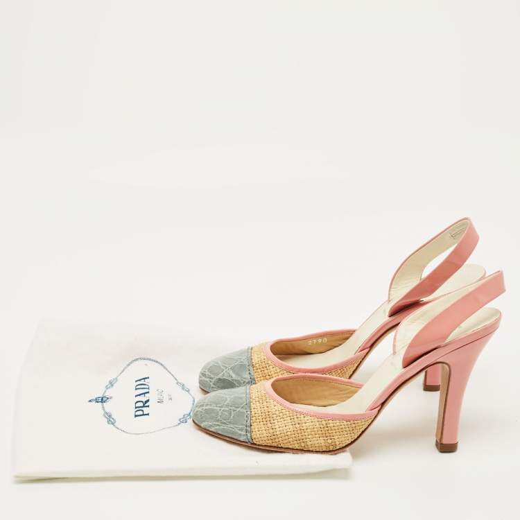 Pre Owned Prada Multicolor Croc Embossed Leather and Raffia Slingback Pumps Size 36