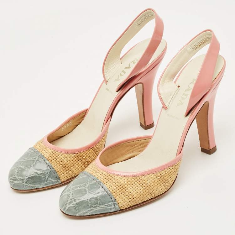 Pre Owned Prada Multicolor Croc Embossed Leather and Raffia Slingback Pumps Size 36