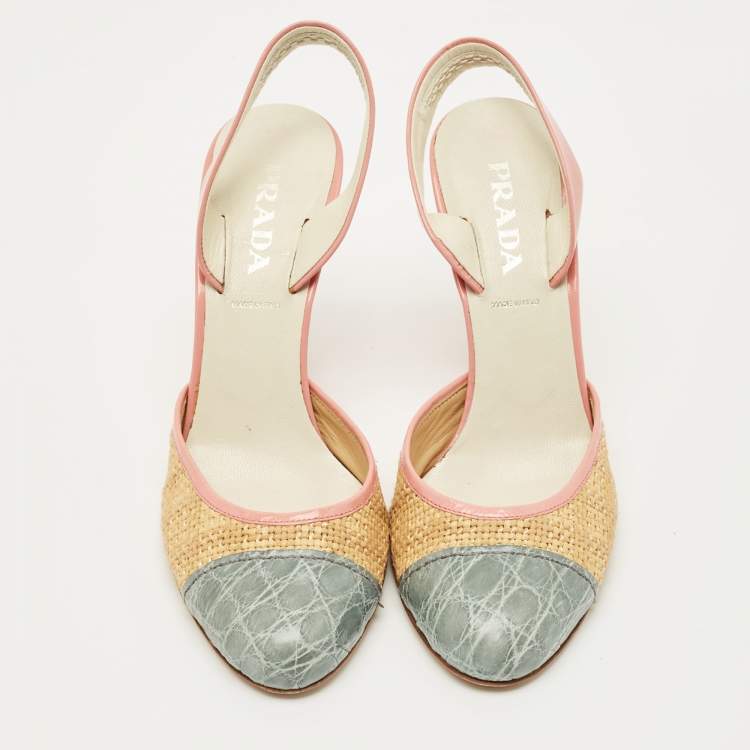 Pre Owned Prada Multicolor Croc Embossed Leather and Raffia Slingback Pumps Size 36